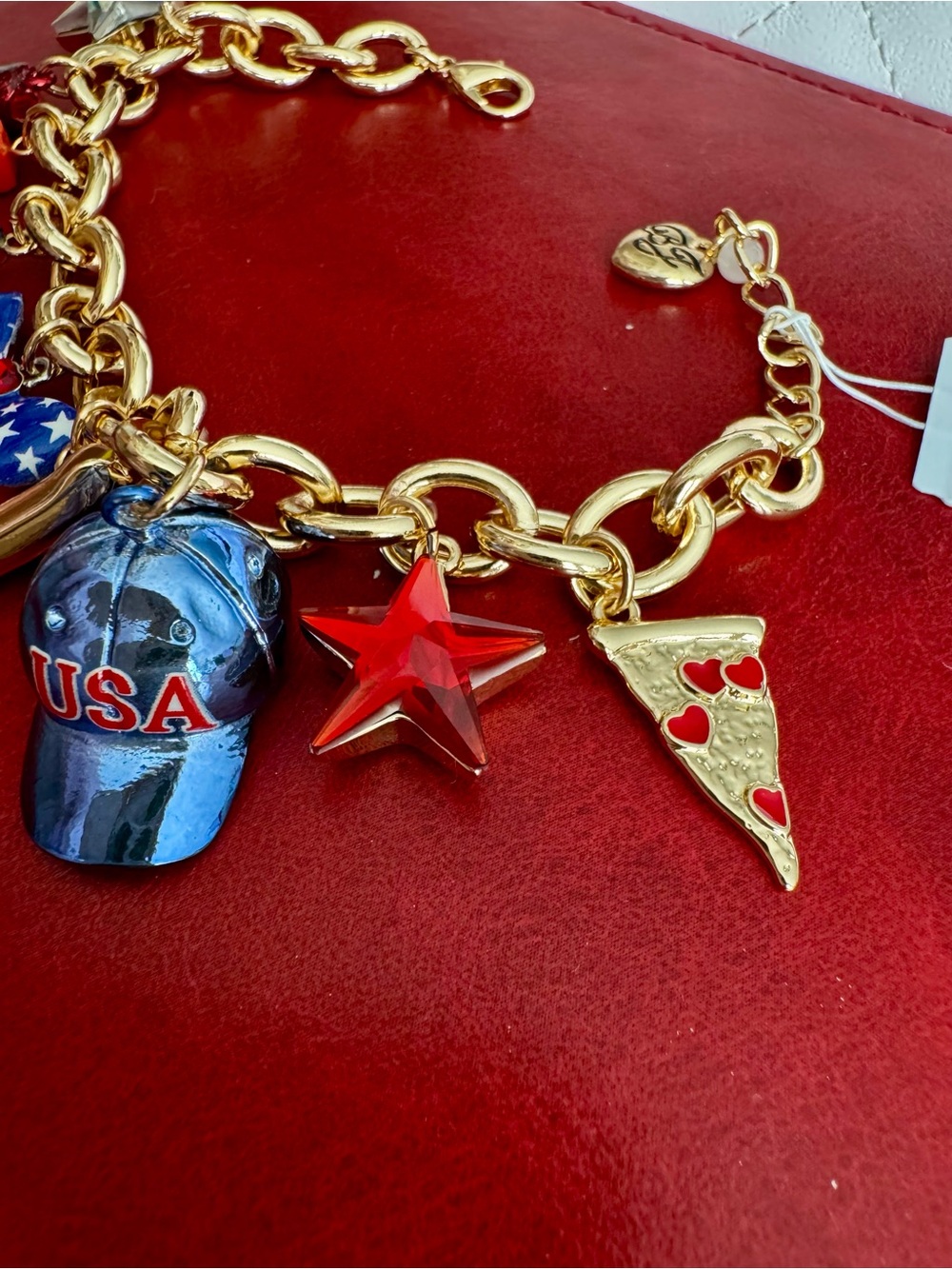 Betsey Johnson Gold Chain Bracelet with Red, Blue & White Patriotic Charms - Picture 3 of 4
